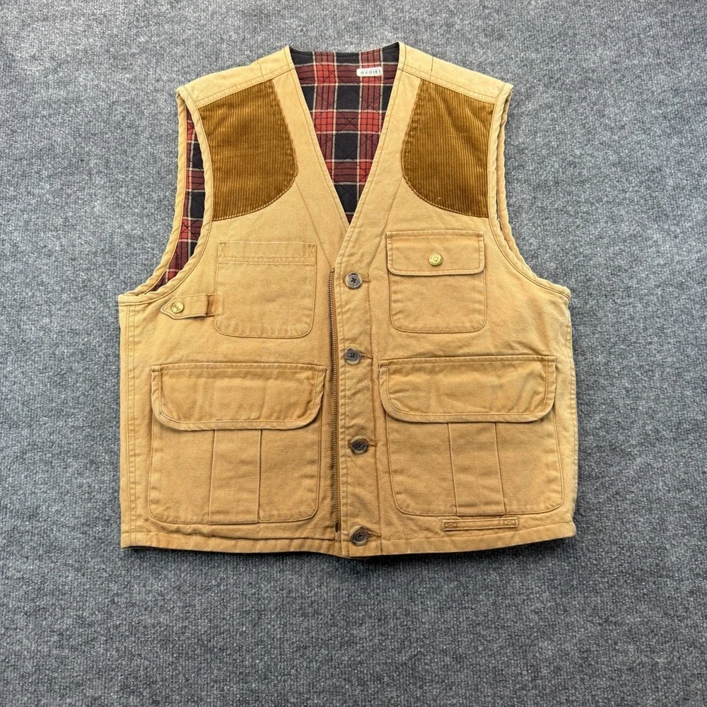 Banana Republic Hunting Vest Mens Small Tan Canvas Plaid Lined Corduroy Shoulder